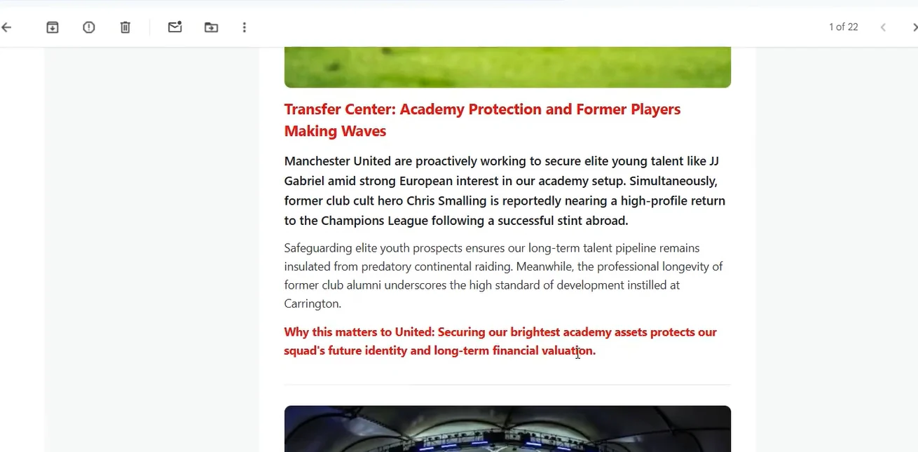 Screenshot of the finished briefing email open in Gmail. It has a red headline, a bold two-sentence summary, a short paragraph of context, and a closing red line beginning "Why this matters".