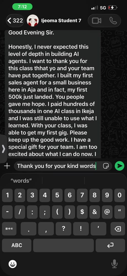 WhatsApp message from Ijeoma: "I never expected this level of depth in building AI agents. I built my first sales agent for a small business here in Aja, and my first ₦500k just landed..."